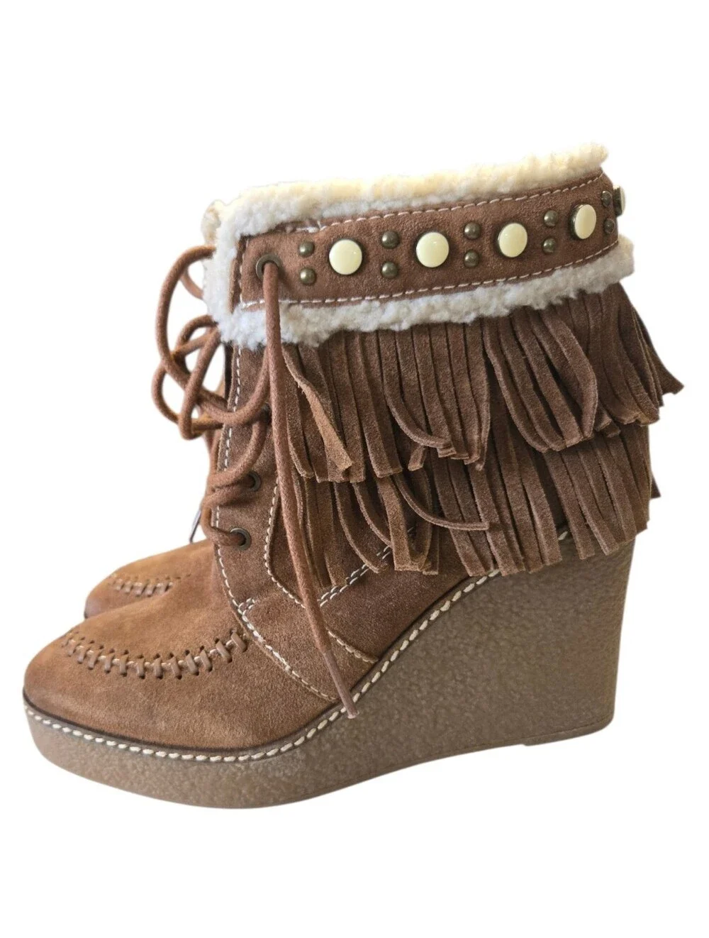 Sam Edelman Fringe Sherpa Lace Up Ankle Boots Brown Suede Size 8.5 🤎🍂